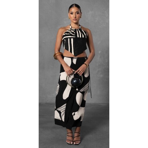 SIR. Linocut Beaded Scarf Top in Black/Cream Size US 4 - Picture 2 of 11